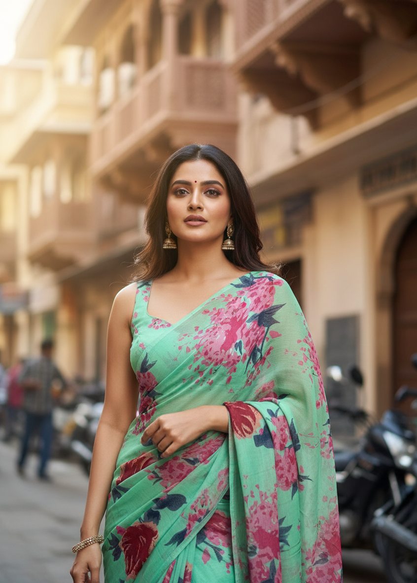 Floral fabric on a woven mat with pink flowers and green leaves.