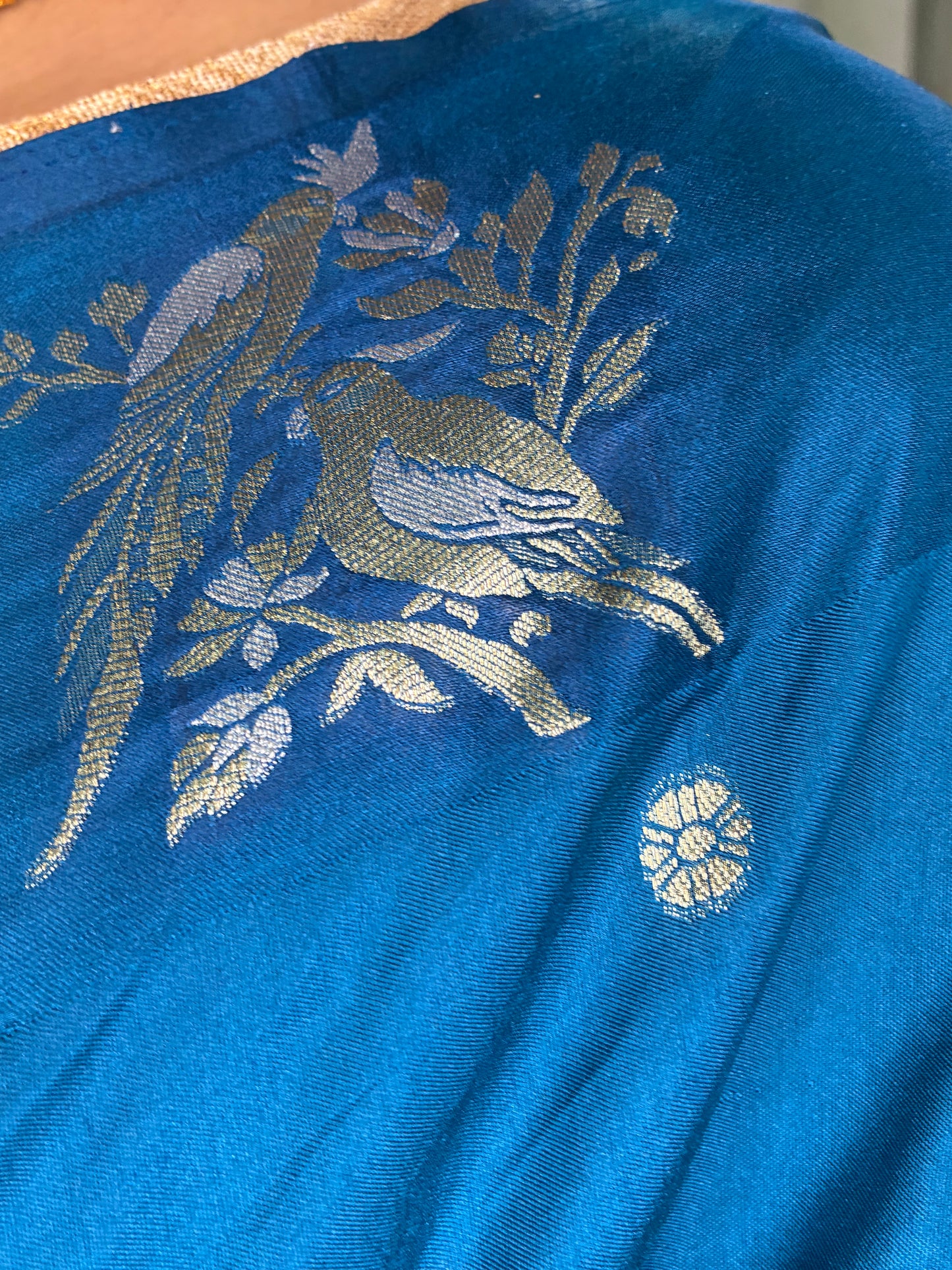 Blue Bird Design Border Satin Silk Saree