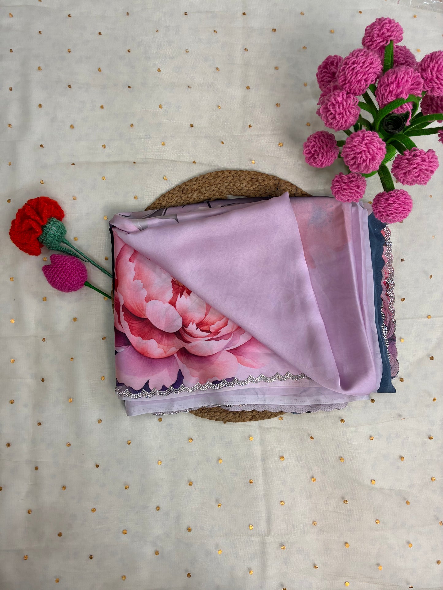 Pink Black Floral Pastel Crepe Satin Saree