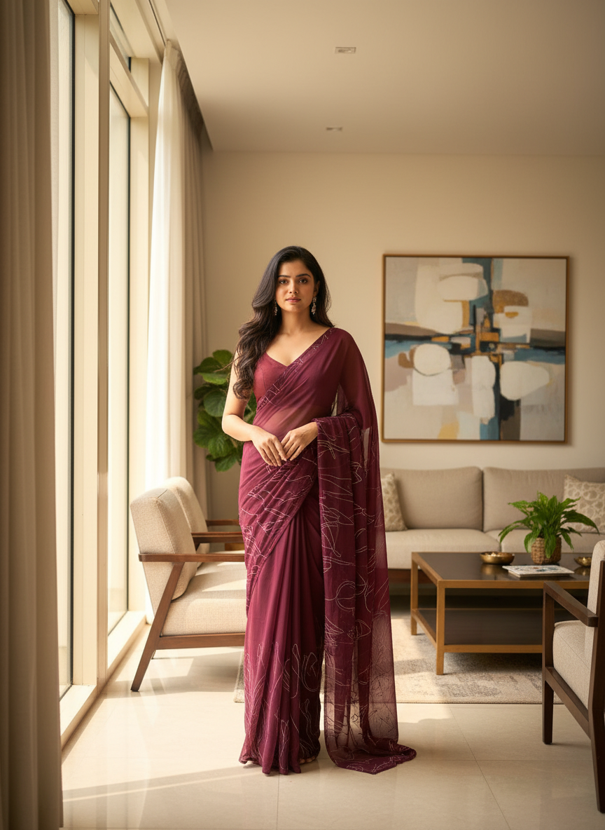 Woman in a maroon saree standing in a modern living room.