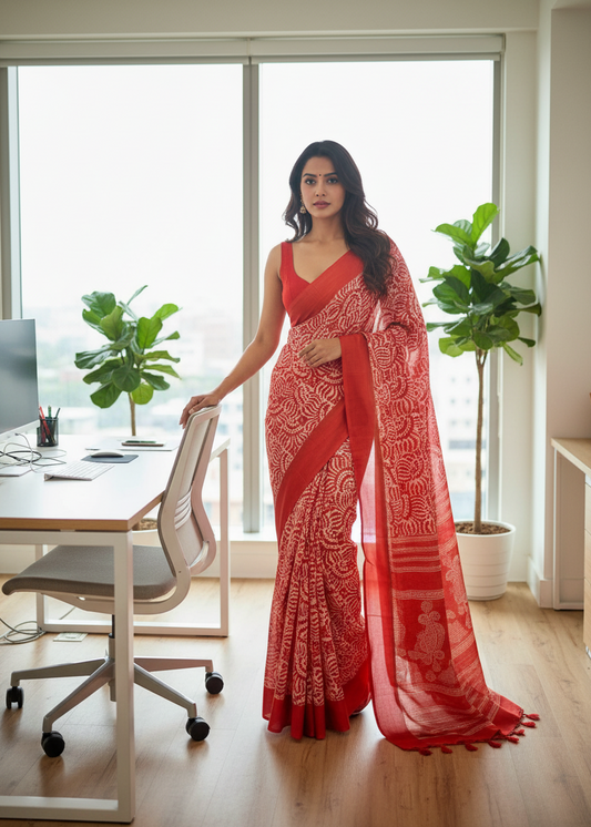 Red White Printed Semi Chiffon Saree