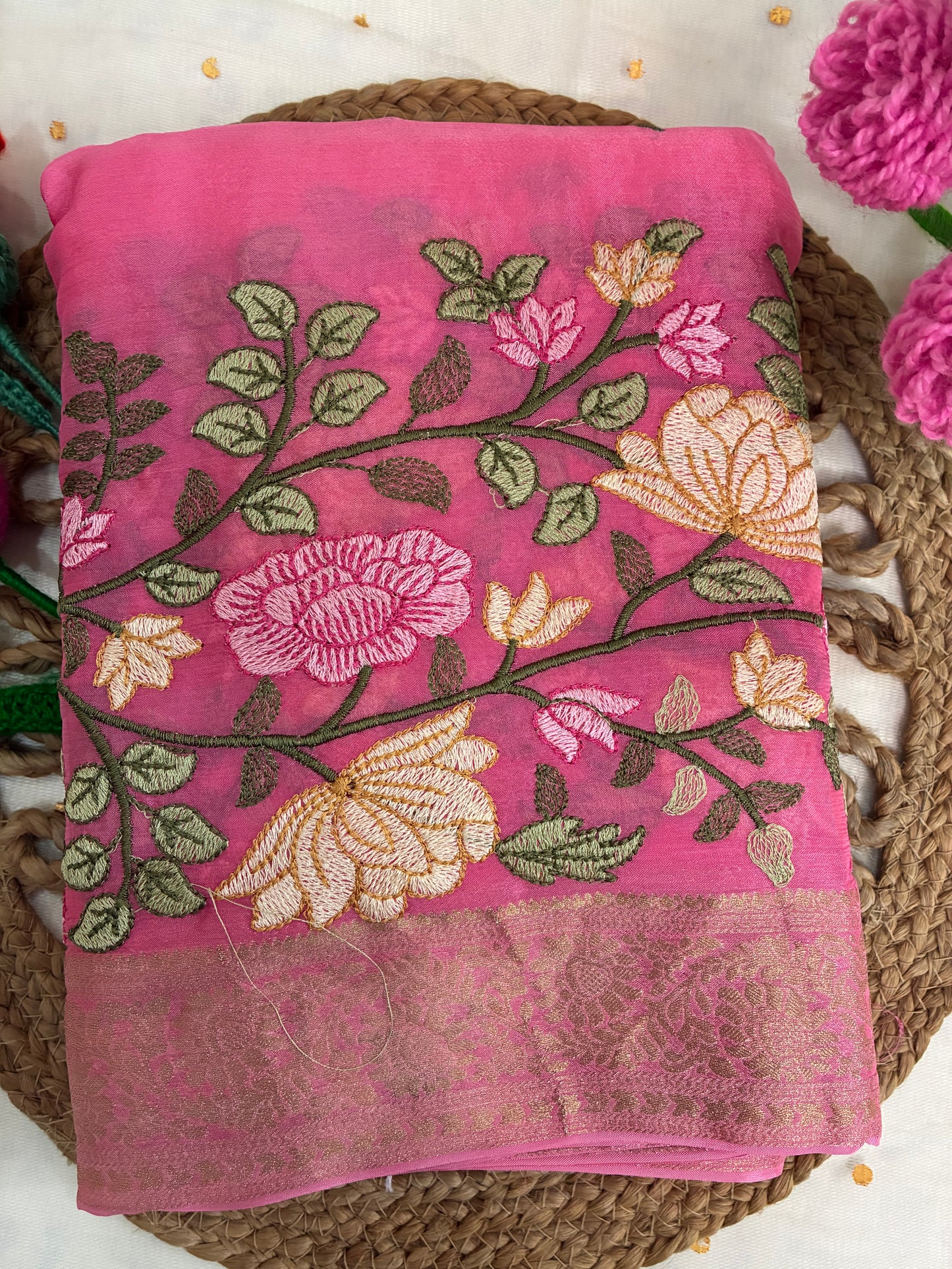 Pink Floral Design Chinon Saree