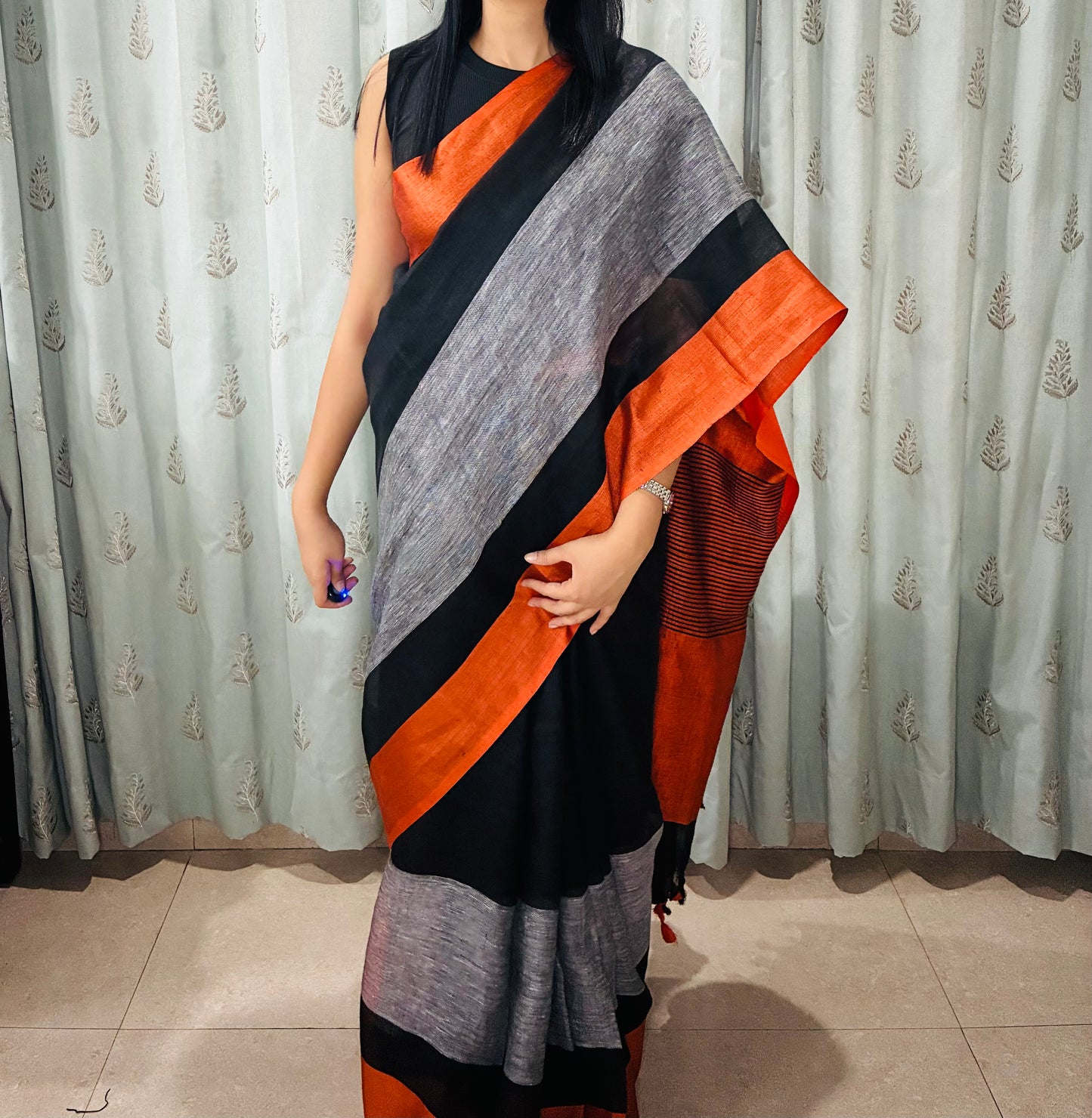 Black Orange Colorblock Pure Linen Saree