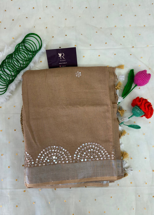 Chikoo- Beige Brown Work Pure Linen Saree