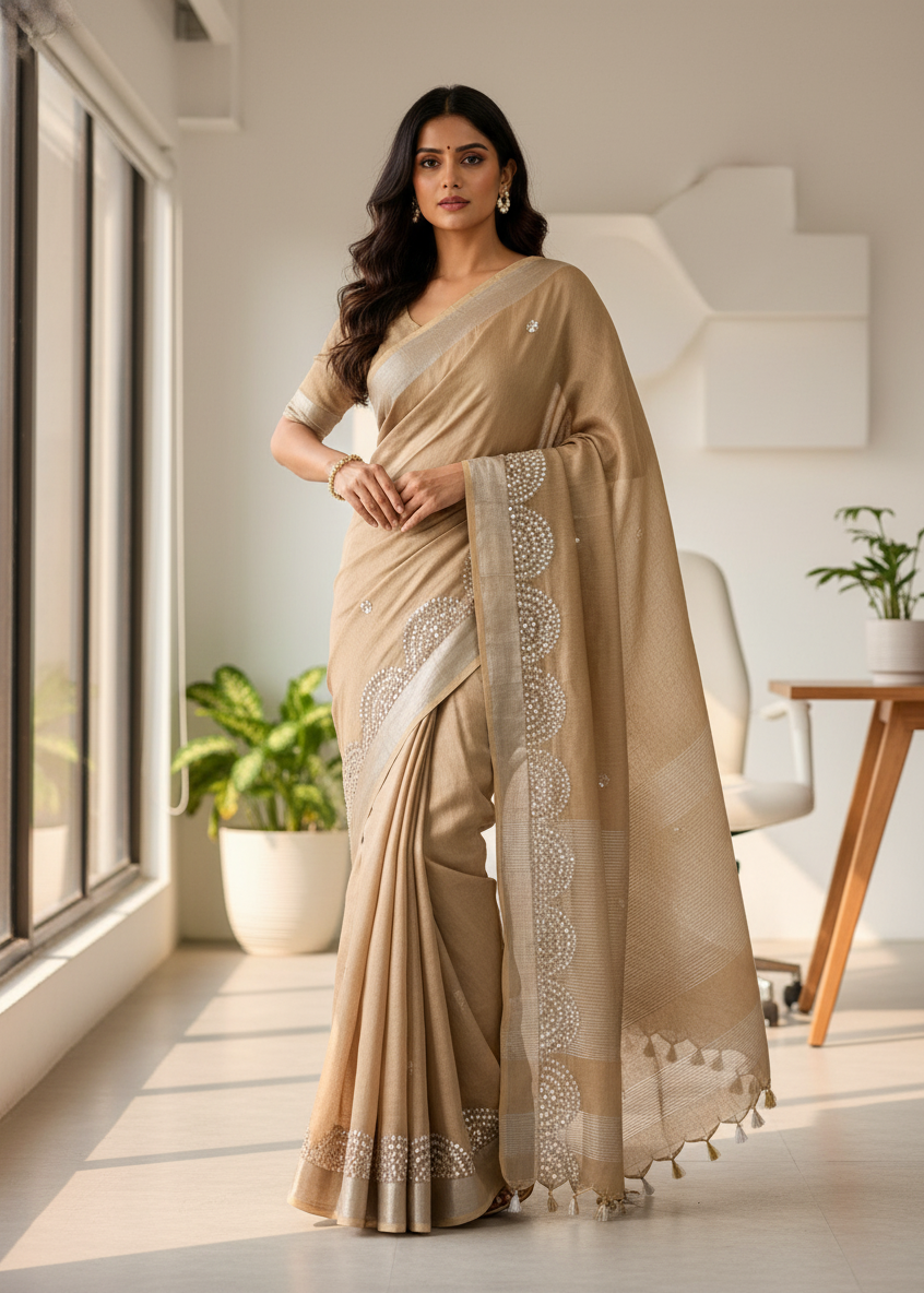 Chikoo- Beige Brown Work Pure Linen Saree