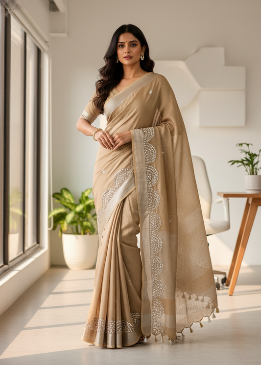 Chikoo- Beige Brown Work Pure Linen Saree