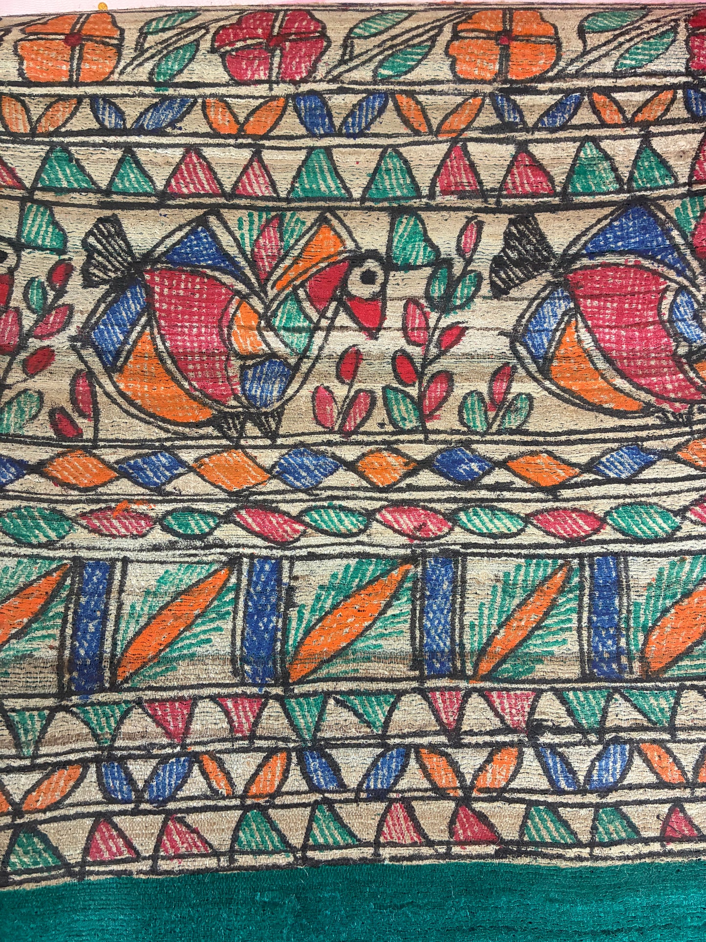 Green Bhagalpuri Ghicha Silk With Madhubani Handpainted Saree