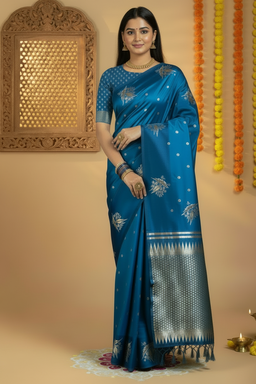 Blue Bird Design Border Satin Silk Saree