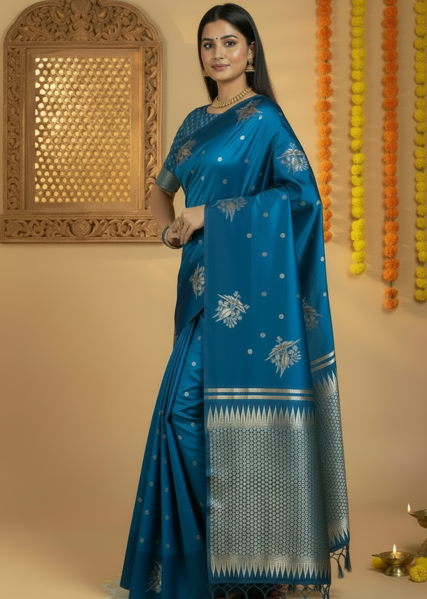 Blue Bird Design Border Satin Silk Saree