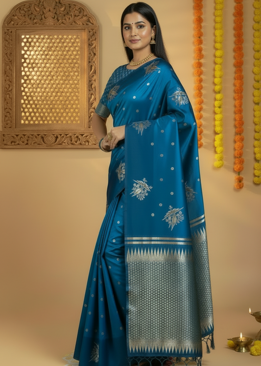 Blue Bird Design Border Satin Silk Saree