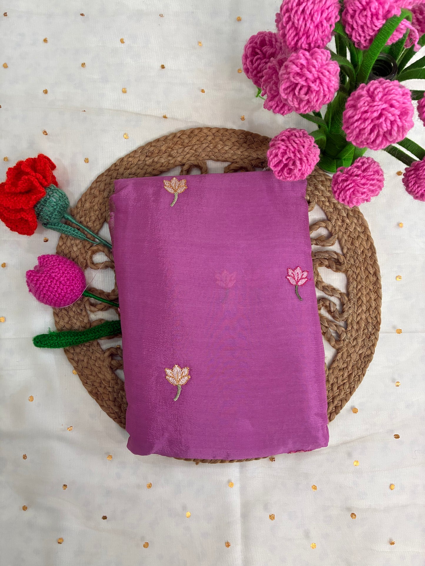 Lavender Floral Design Chinon Saree