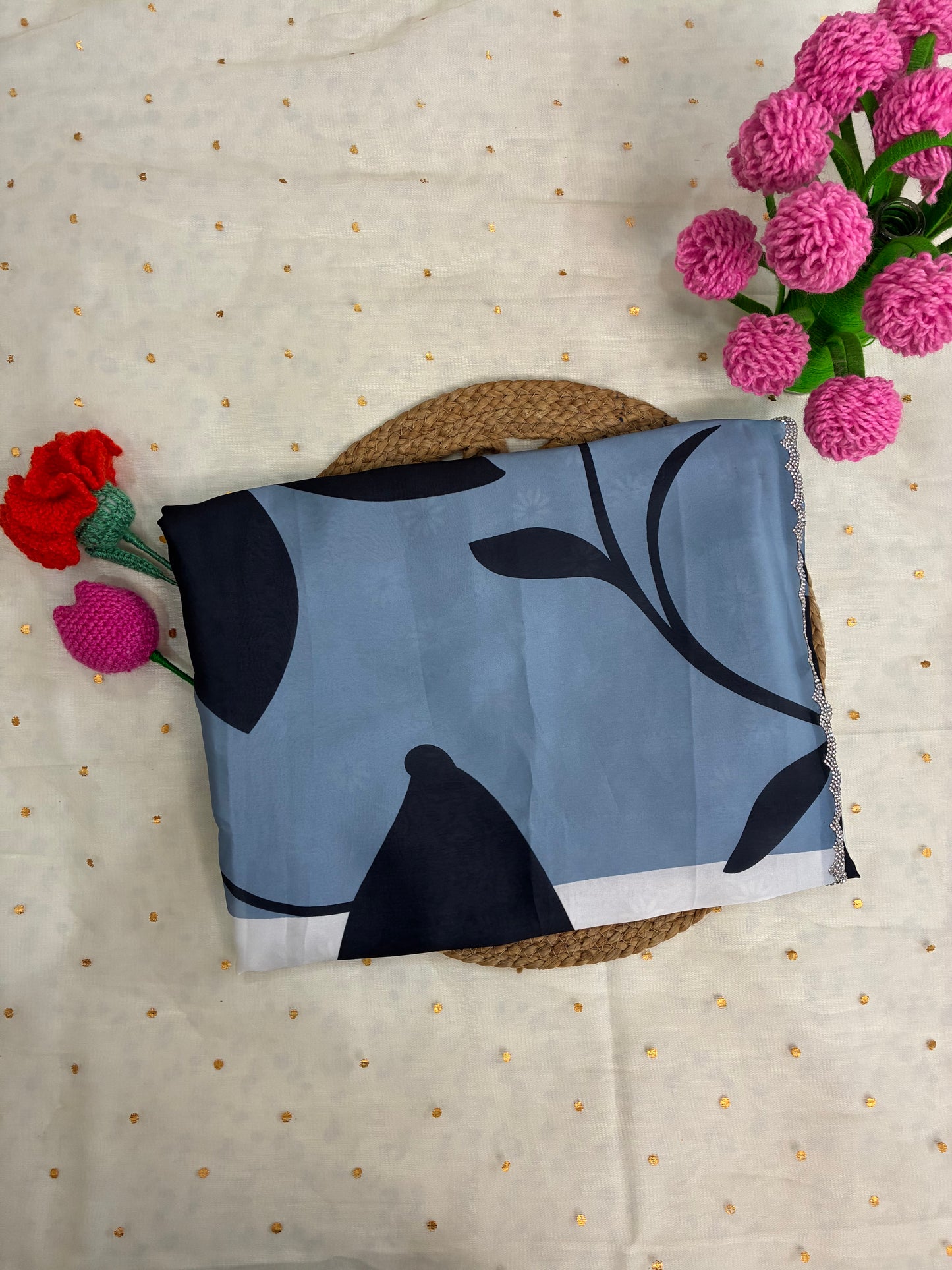White Blue Floral Pastel Crepe Satin Saree