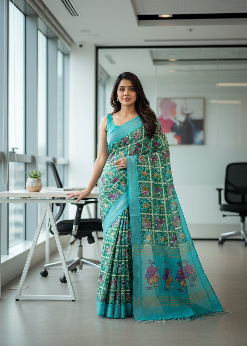 Green Pochampally Design Linen Cotton Saree