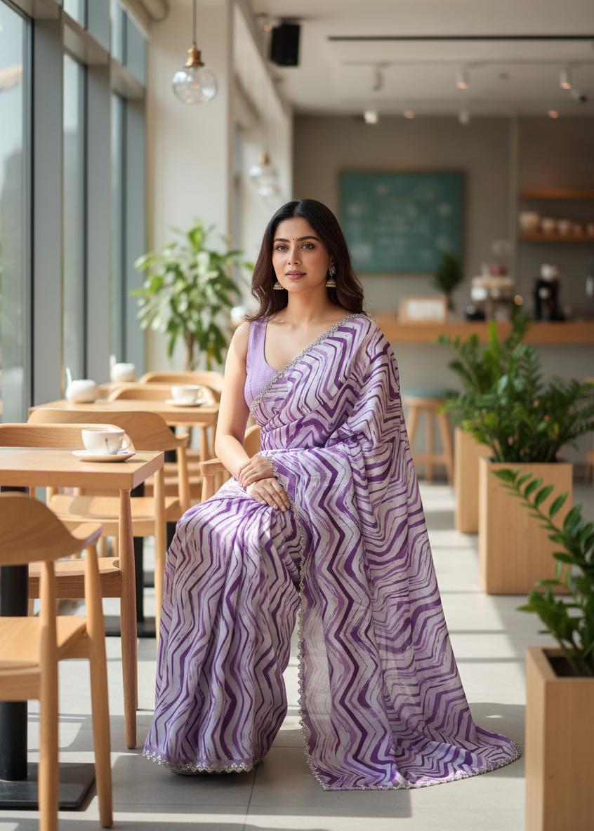 Woman in a purple patterned outfit sitting in a modern cafe.