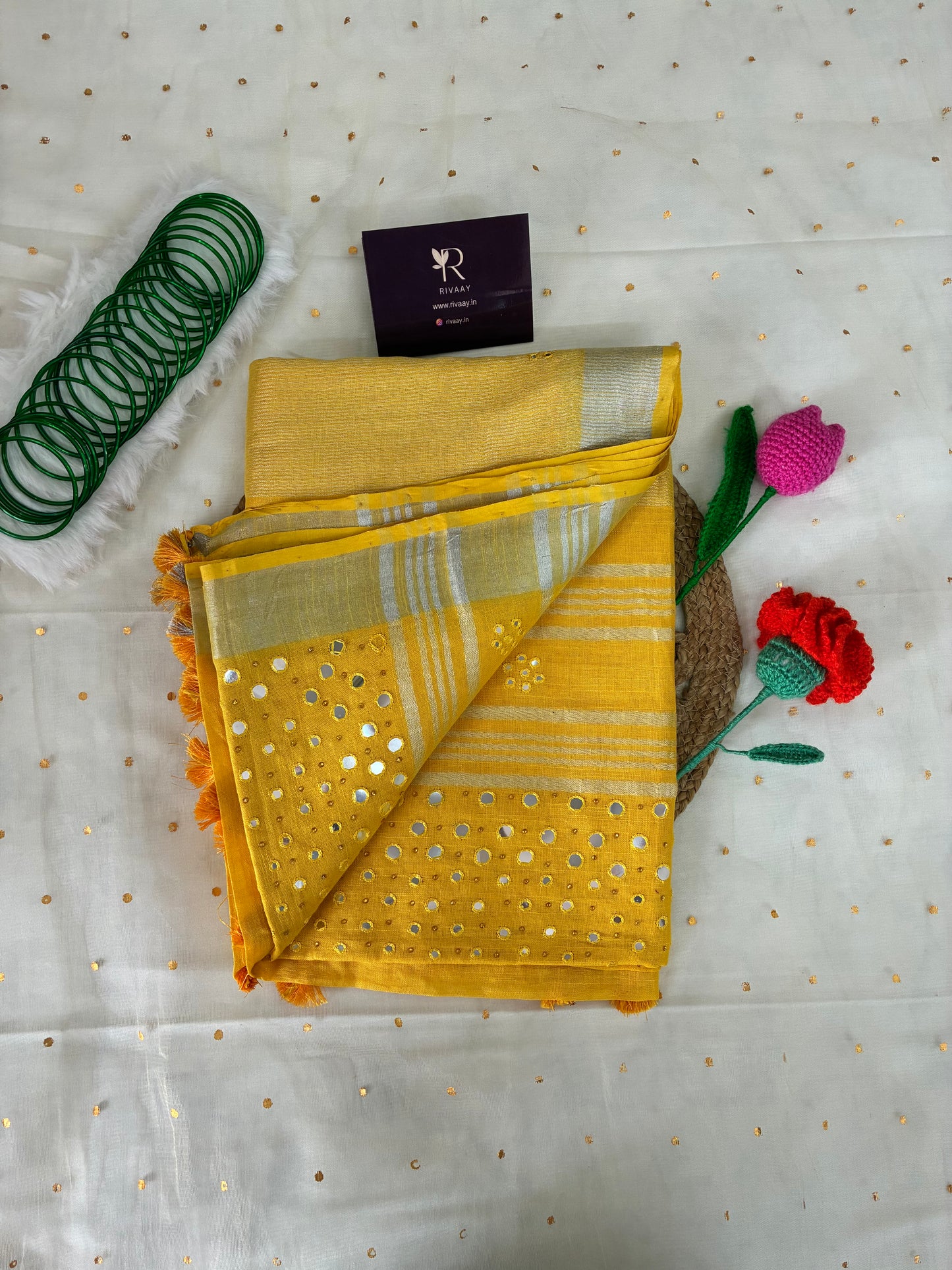 Yellow Work Pure Linen Saree
