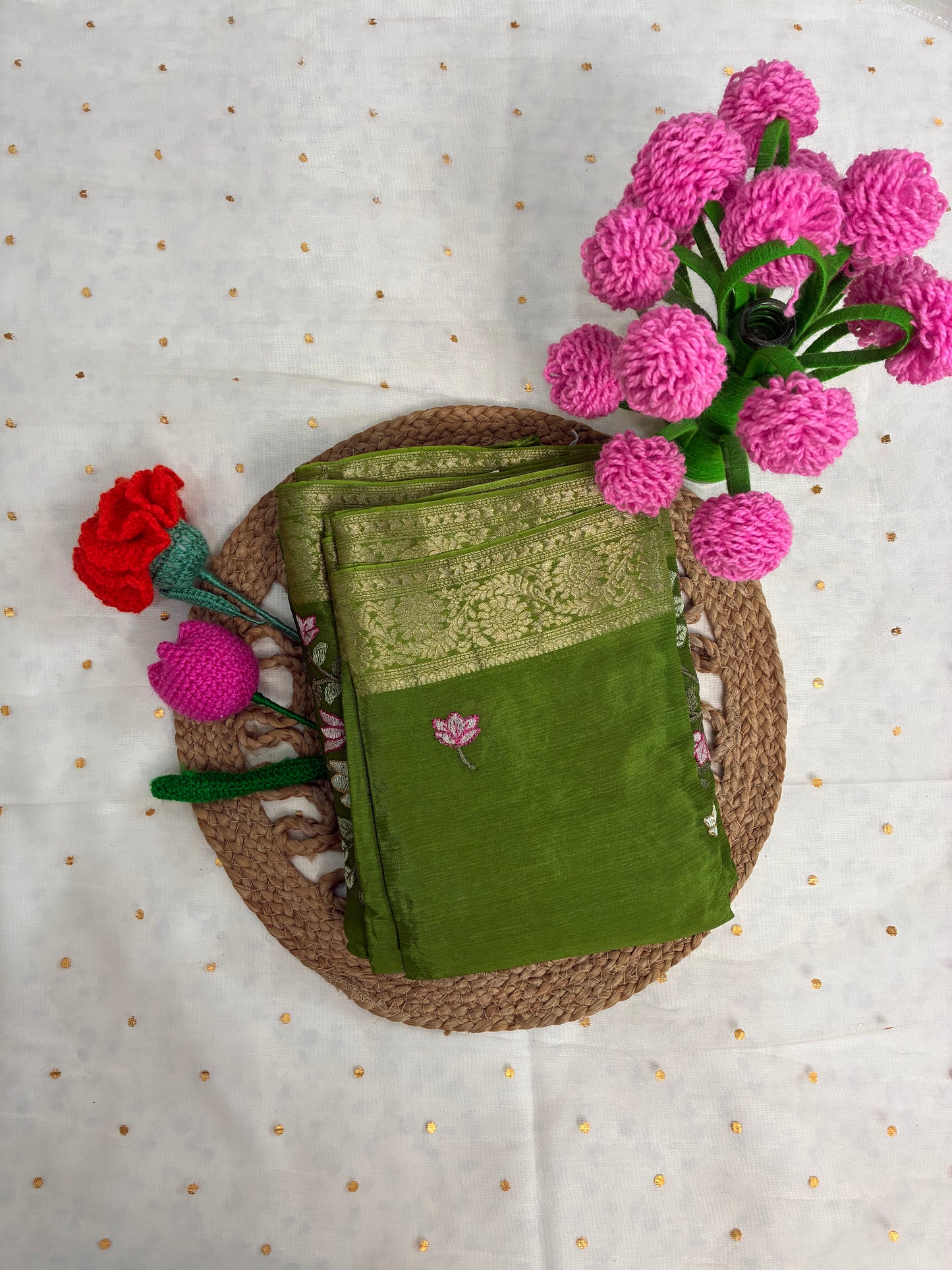 Green Floral Design Chinon Saree