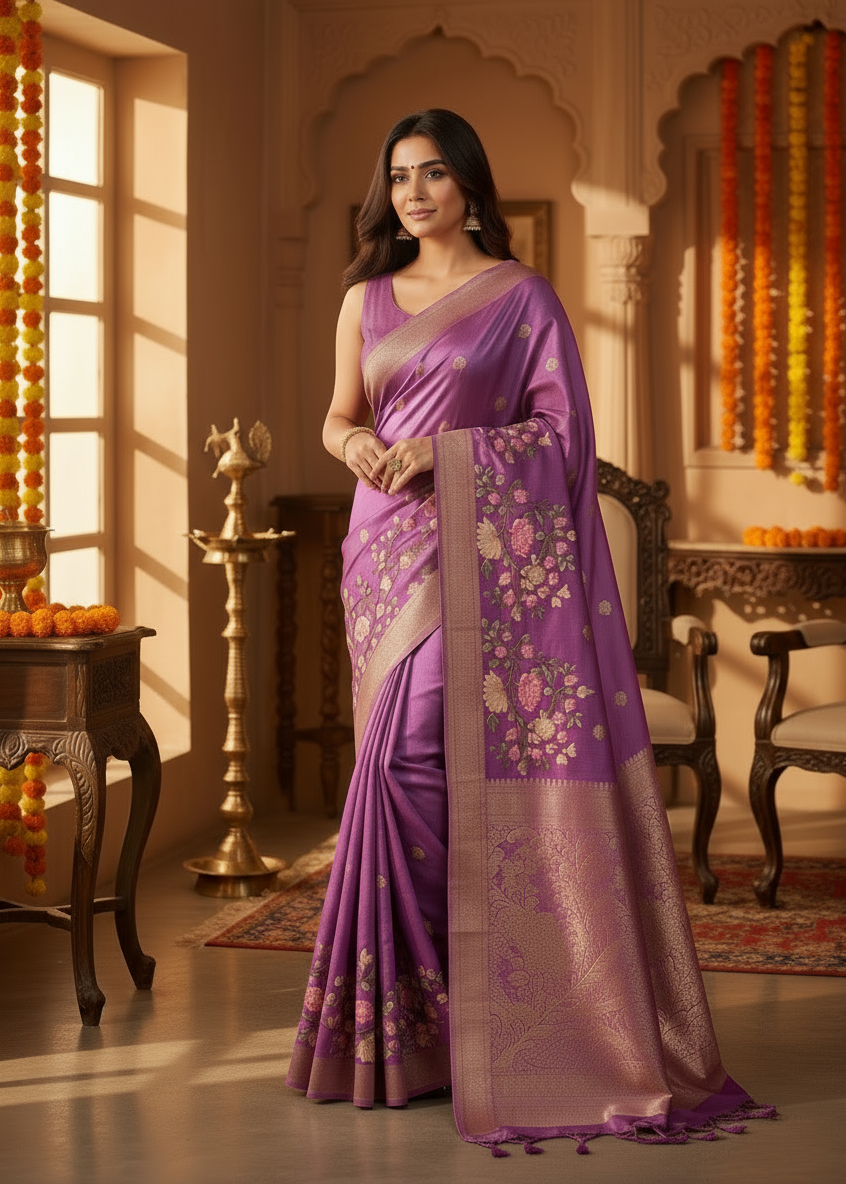 Woman in a purple saree standing in a decorated room with floral decorations and a window.