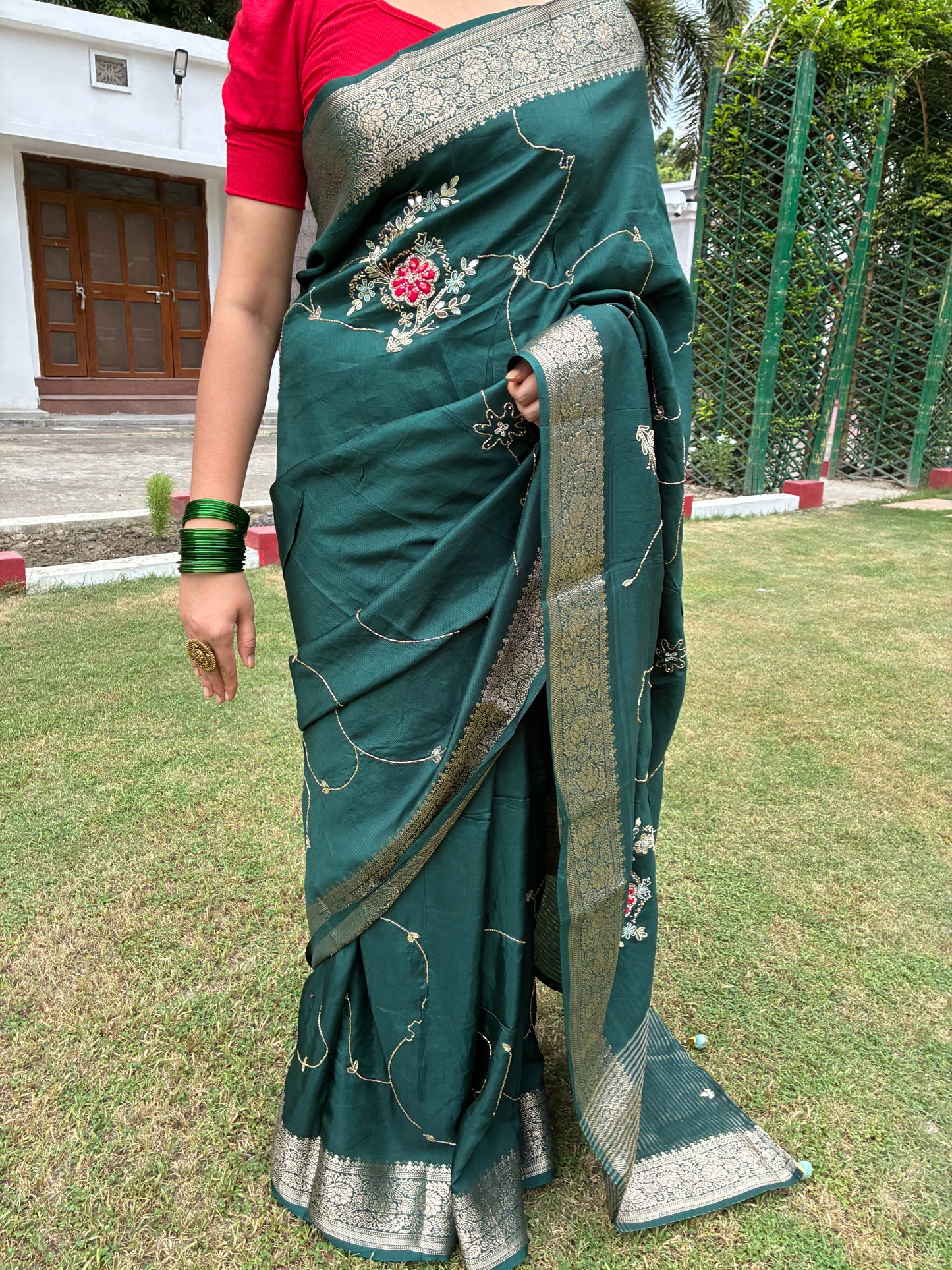 Green Festive Chit Pallu Saree