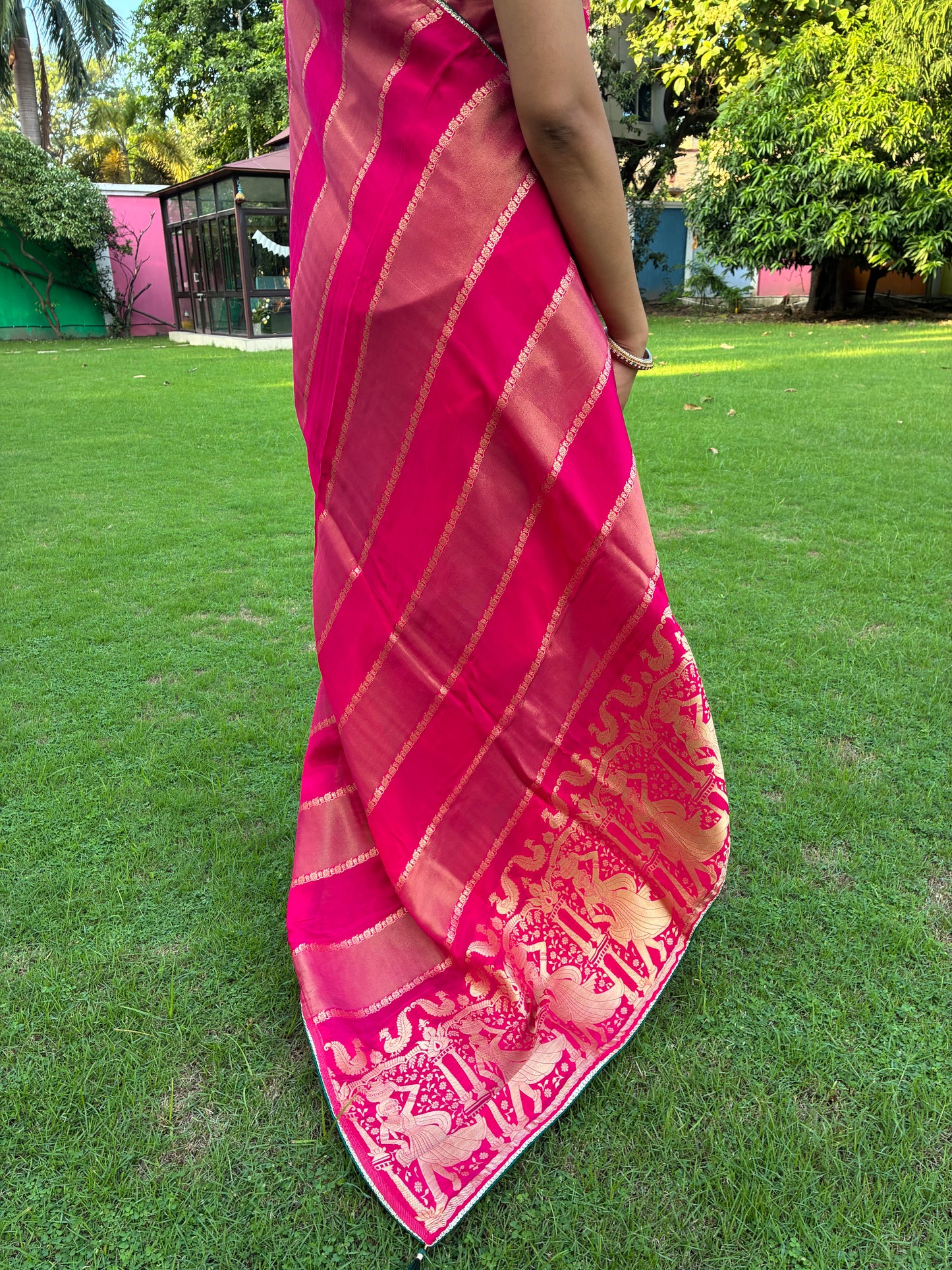 Pink Striped Dola Silk Saree