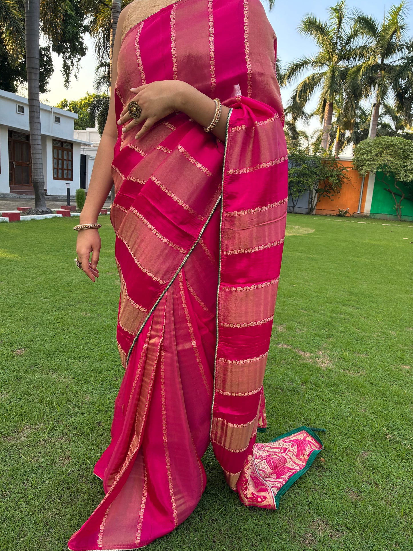 Pink Striped Dola Silk Saree