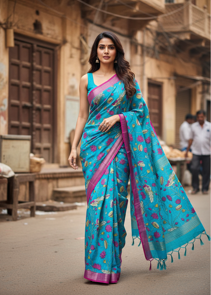 Woman in a blue saree with pink border standing in an outdoor setting.