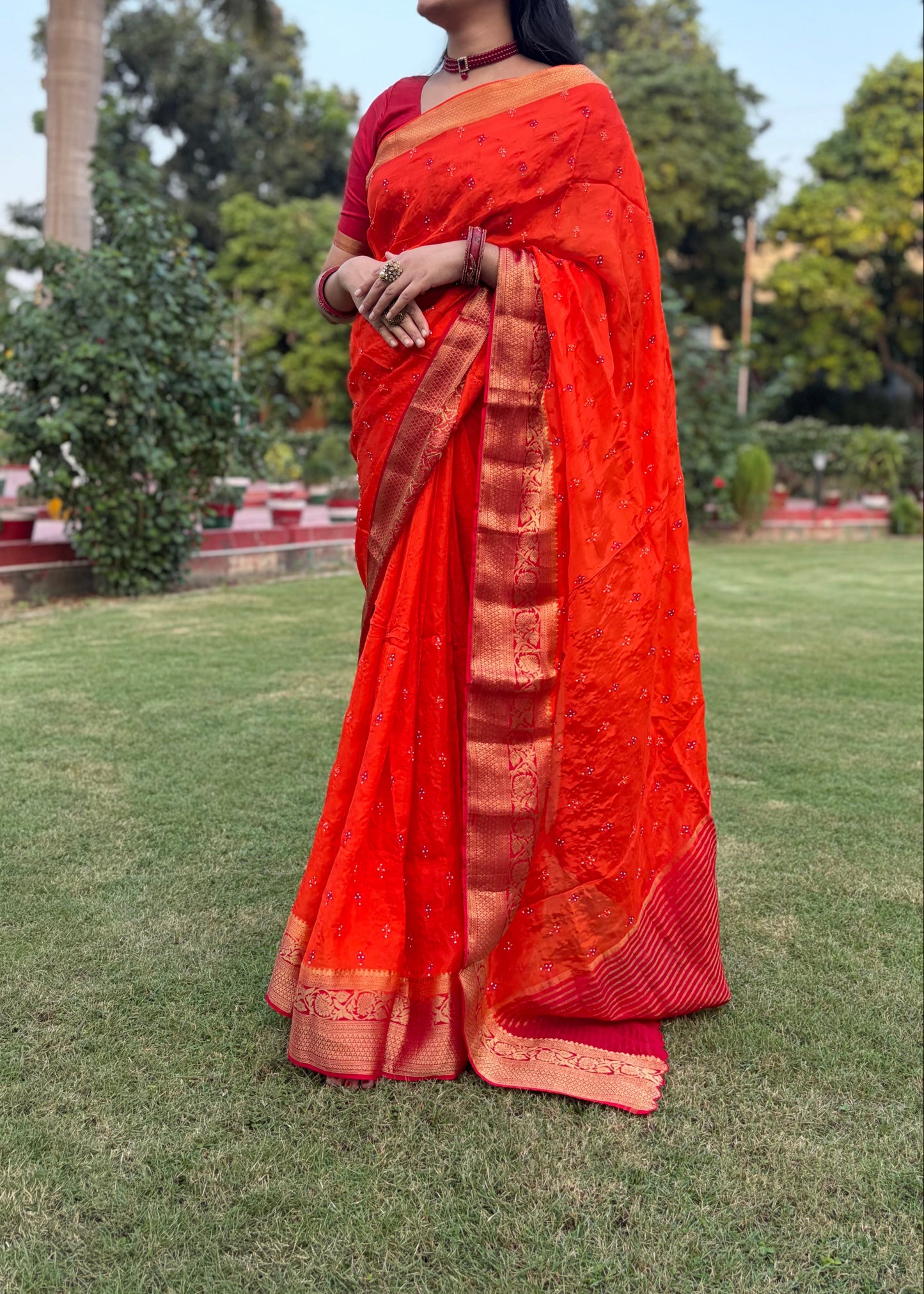 Orange Red Festive Dola Silk Saree
