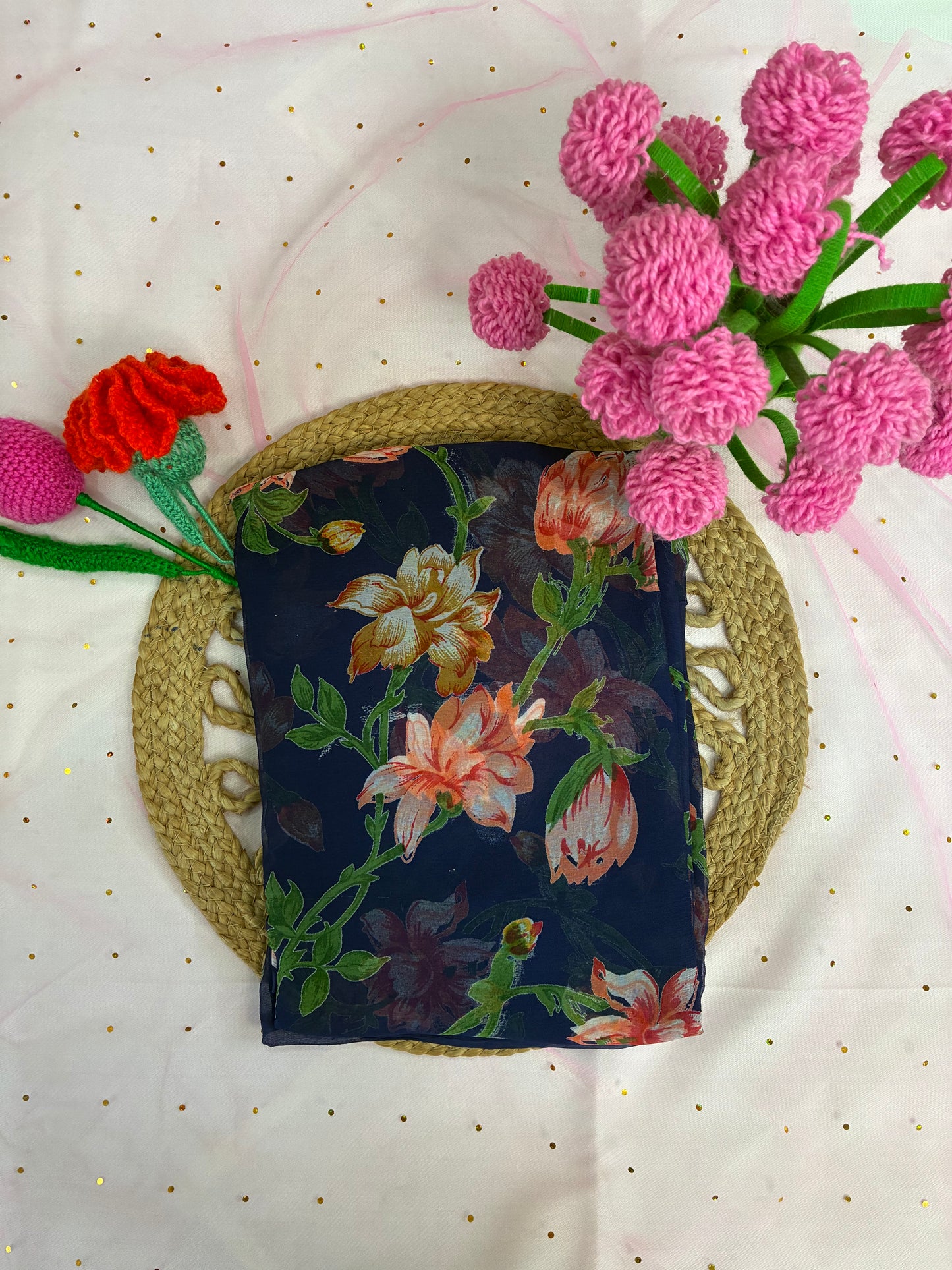 Navy Blue Floral Semi Chiffon Saree