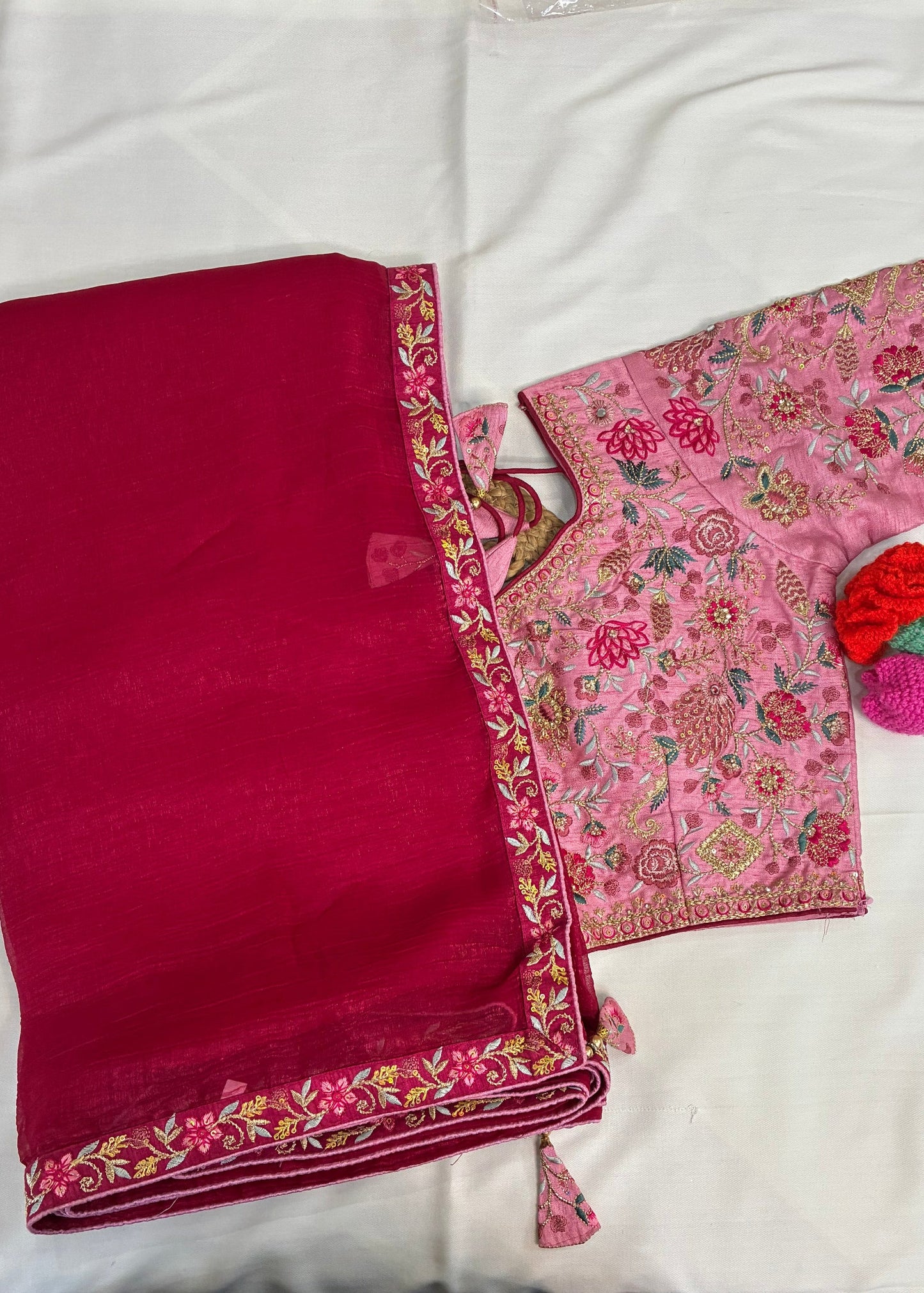 Maroon Crushed Saree and Embroidered Blouse Combo