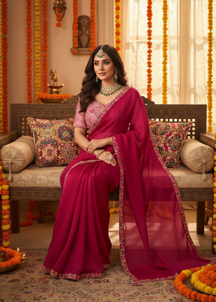 Woman in a pink saree sitting on a decorated indoor setting