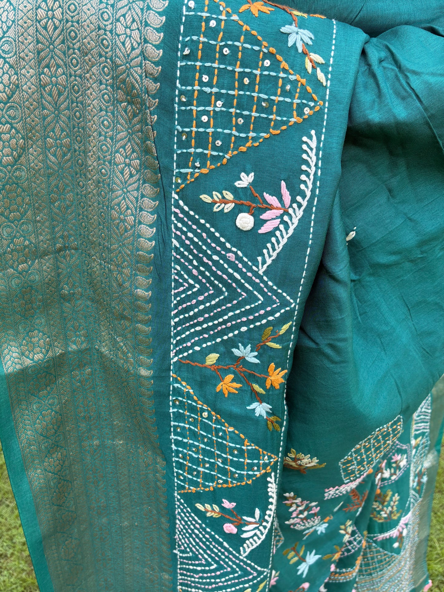 Teal Kantha Work -Habutai Silk Saree