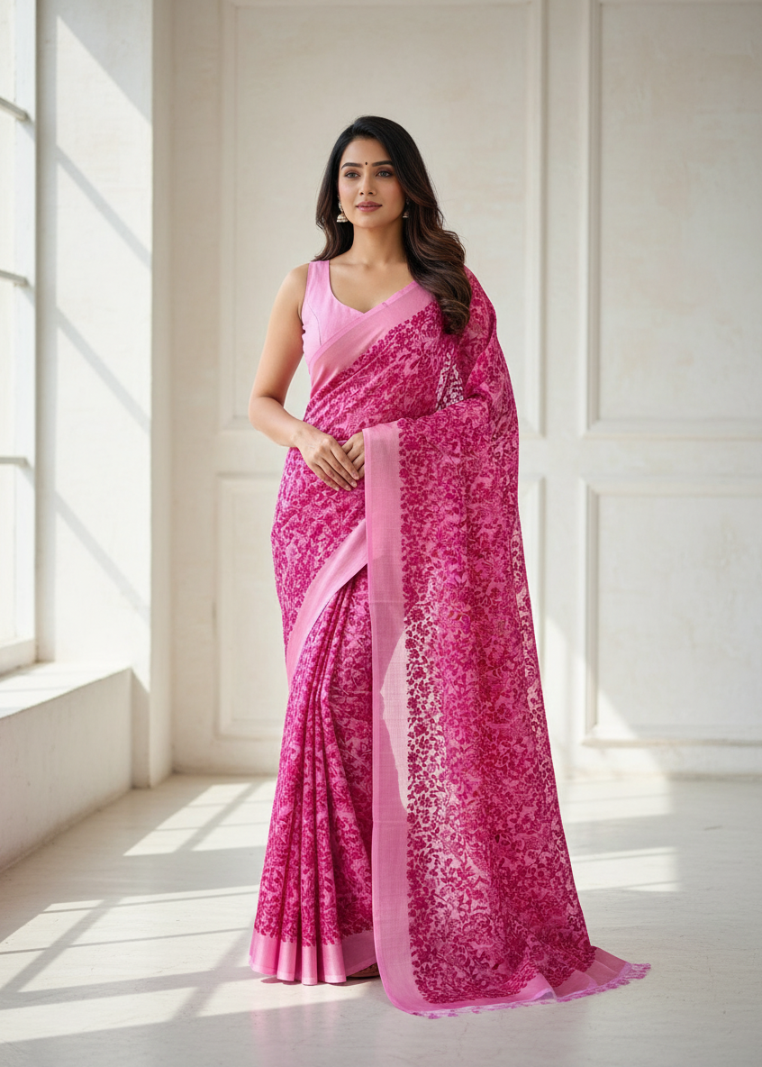 Pink Printed Semi Chiffon Saree