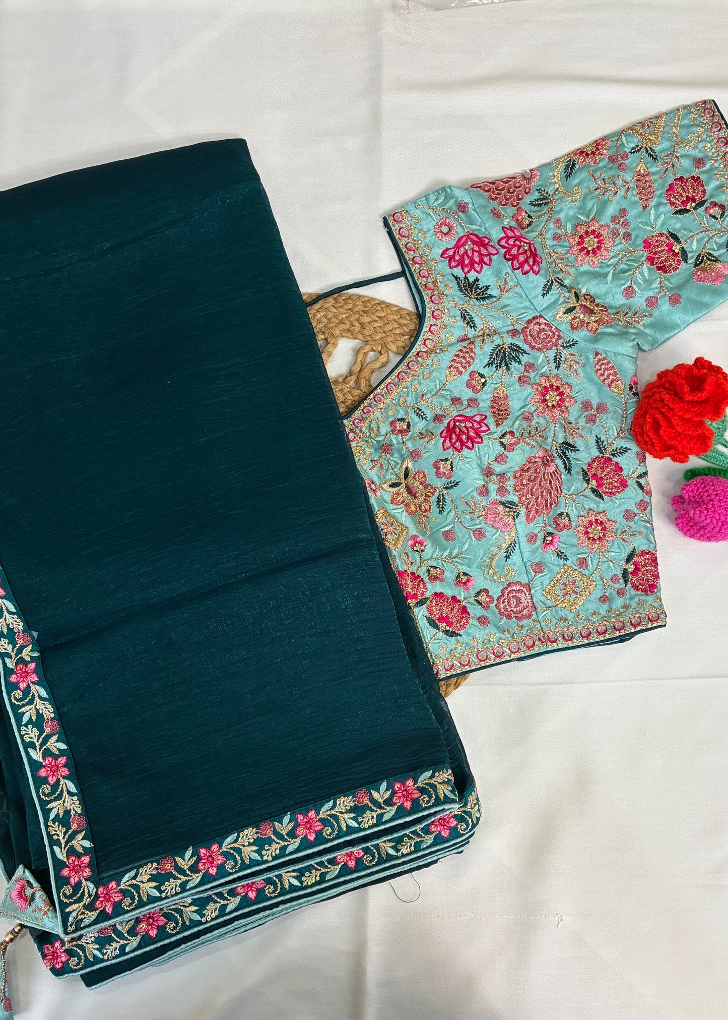 Blue Crushed Saree and Embroidered Blouse Combo