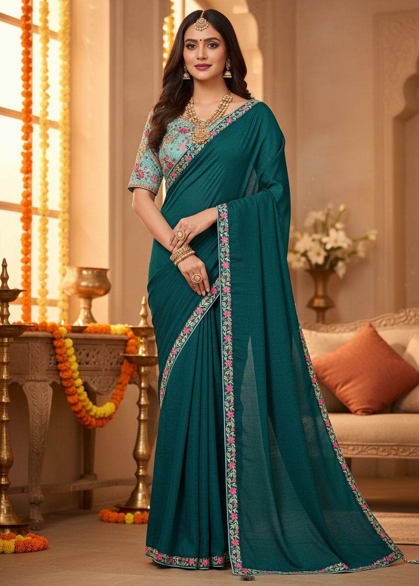 Woman wearing a teal saree with floral patterns in an indoor setting.