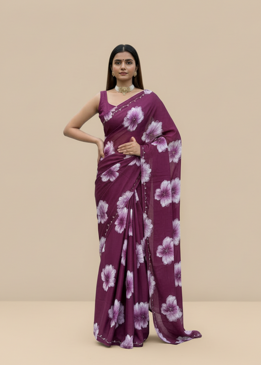 Purple Floral Chinon Saree