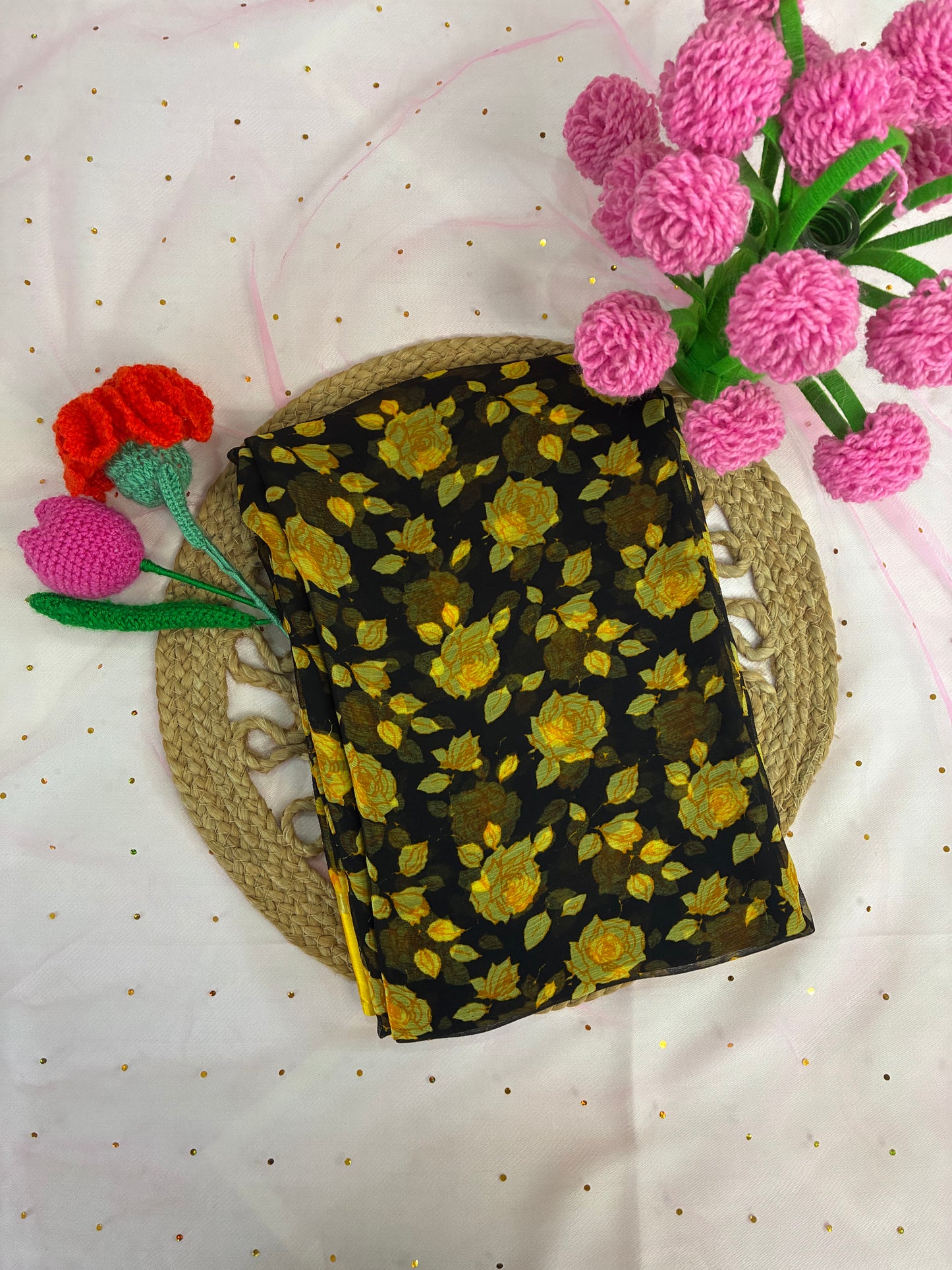 Black Yellow Floral Semi Chiffon Saree