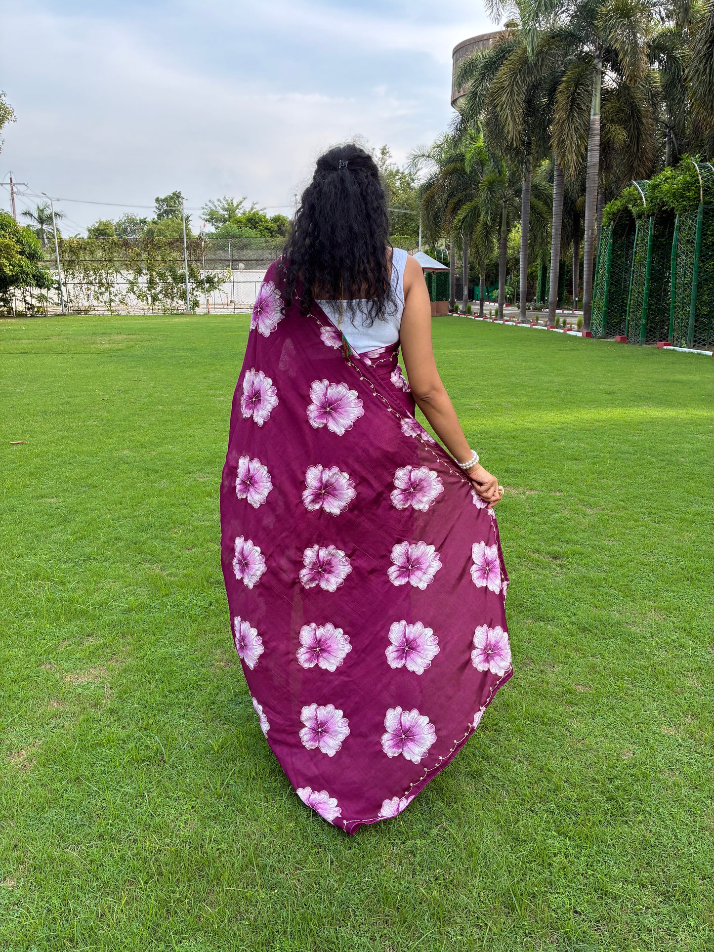 Purple Floral Chinon Saree