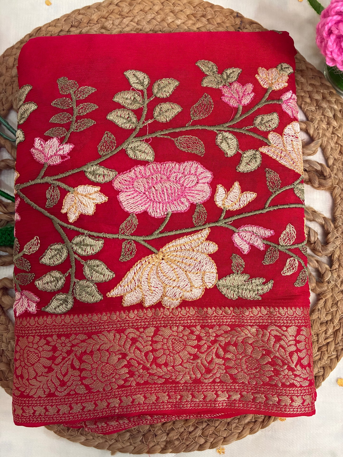 Red Floral Design Chinon Saree