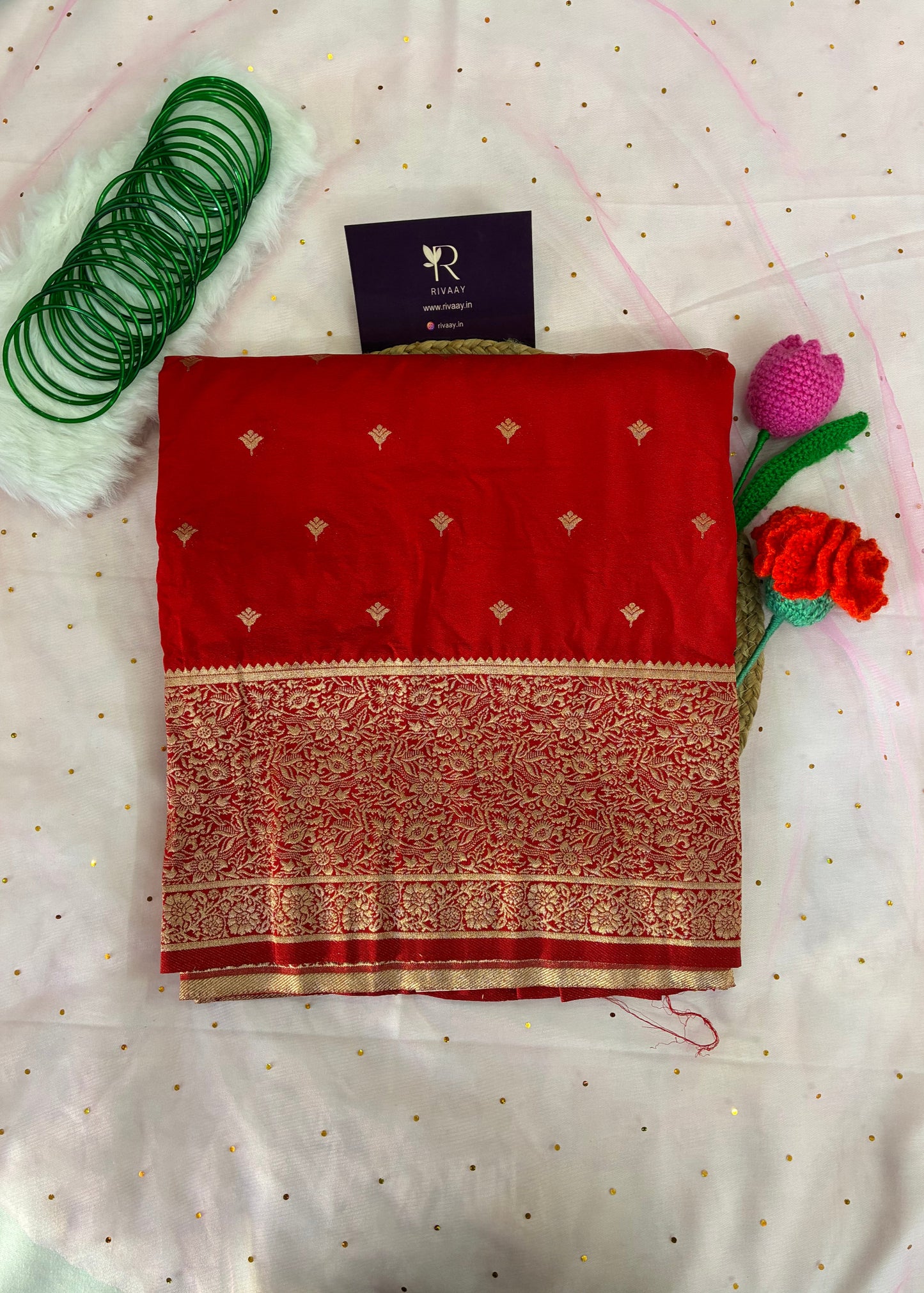 Red Butti Festive Chinon Saree
