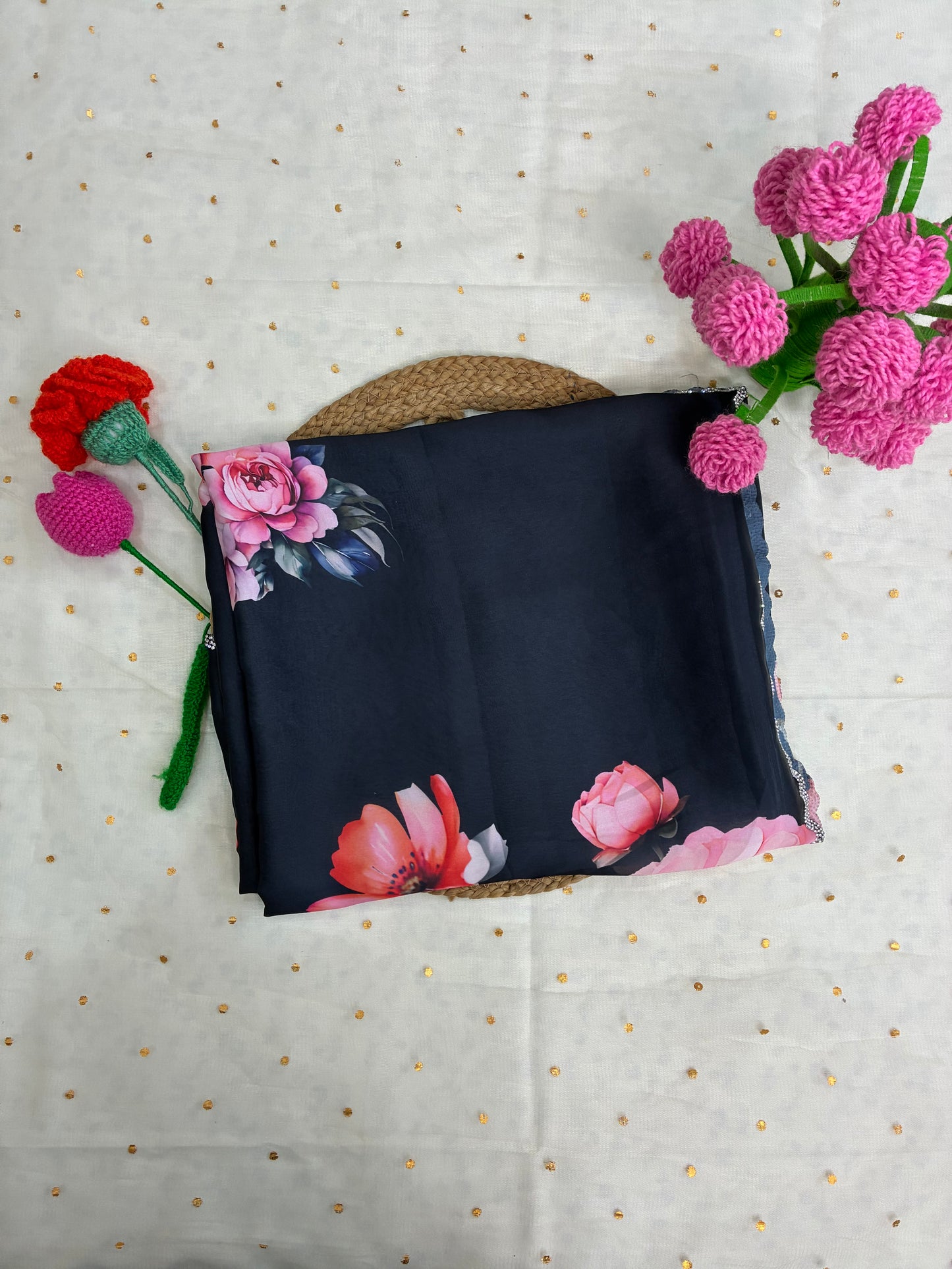 Grey Black Floral Pastel Crepe Satin Saree