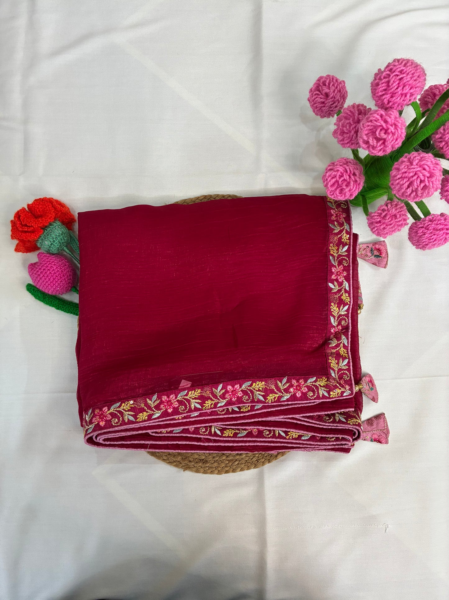 Maroon Crushed Saree and Embroidered Blouse Combo