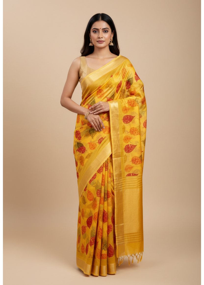 Yellow Leaf Design Semi Chiffon Saree
