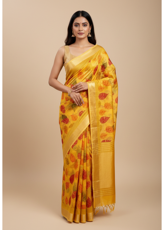 Yellow Leaf Design Semi Chiffon Saree