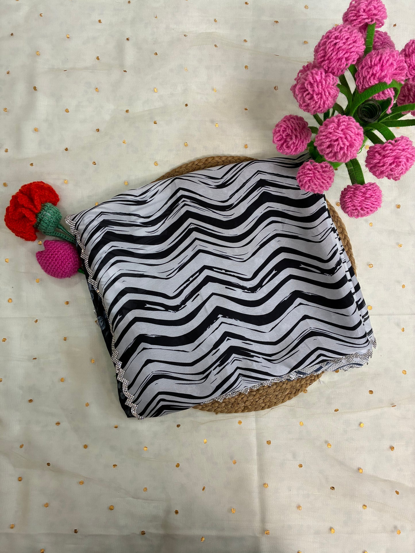 Black white zig-zag Pastel Crepe Satin Saree