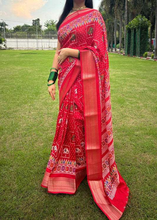 Red Pochampally Design Festive Saree