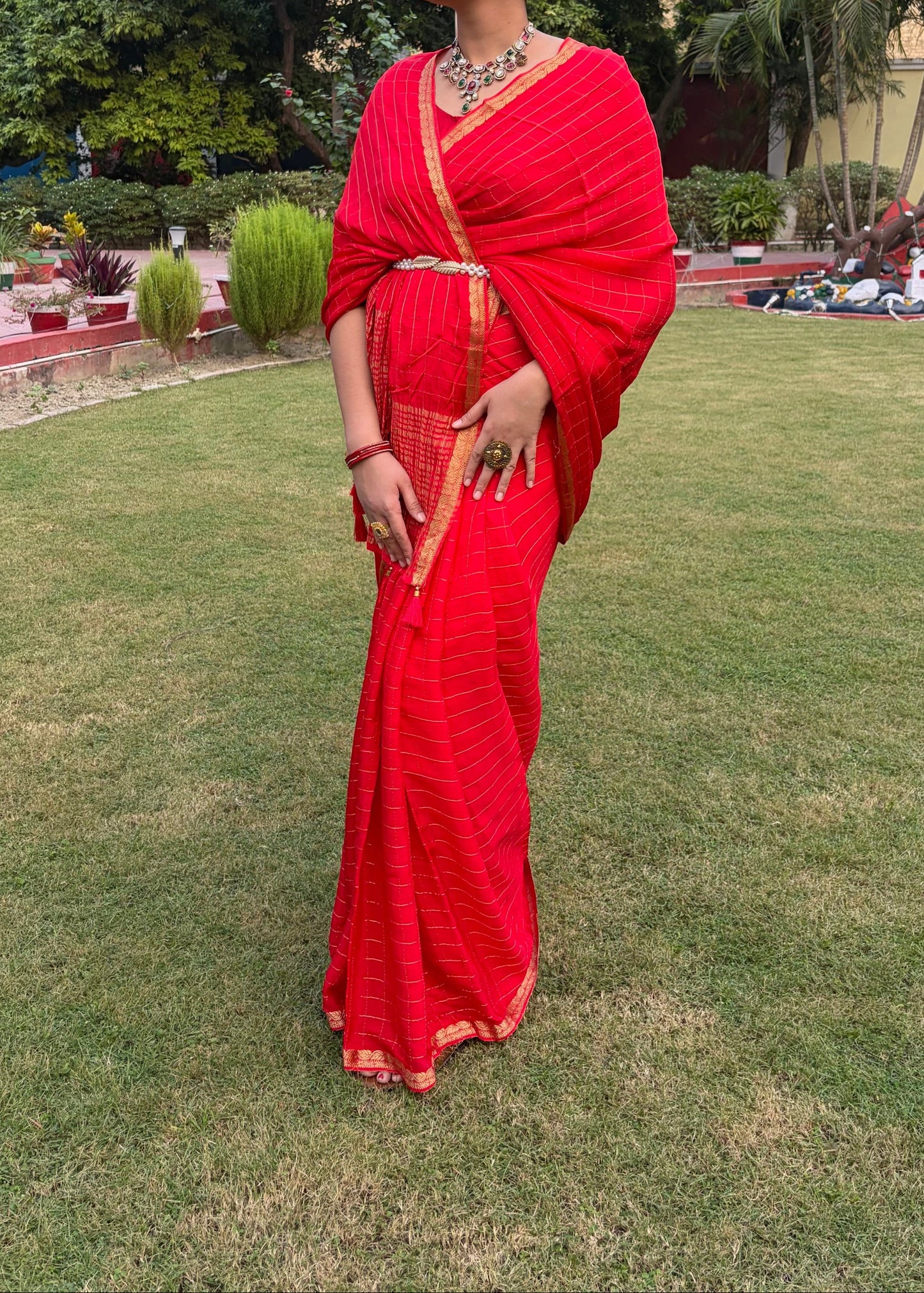 Red Checkered Chiffon Saree