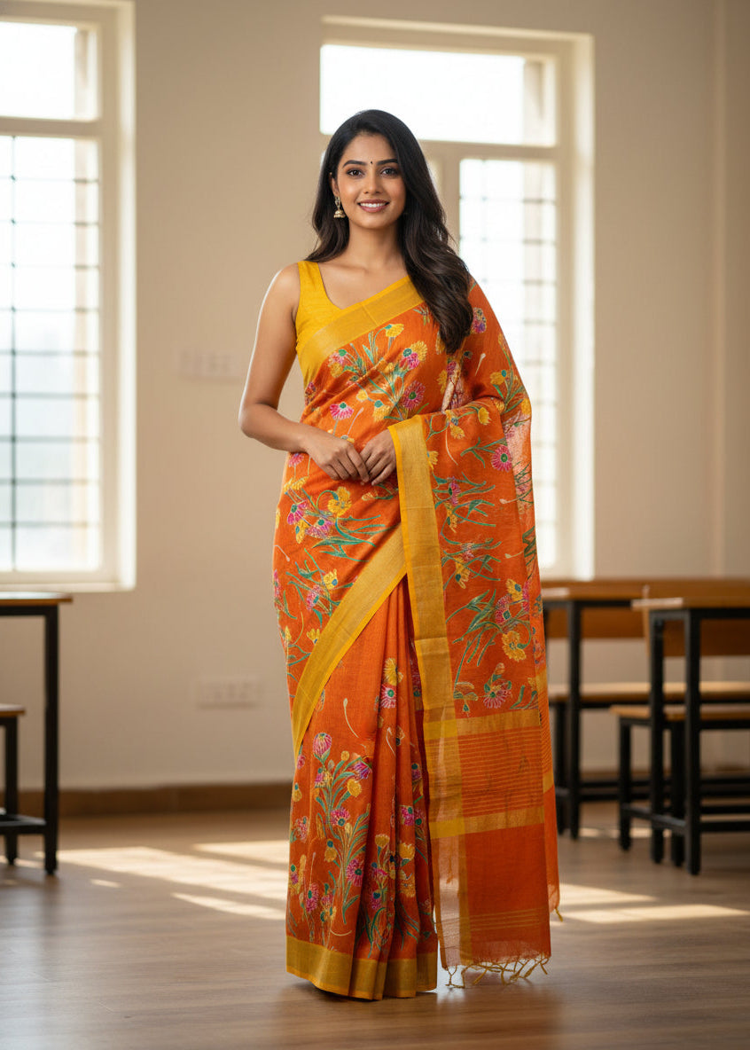 Orange fabric with floral patterns on a textured surface with pink flowers.