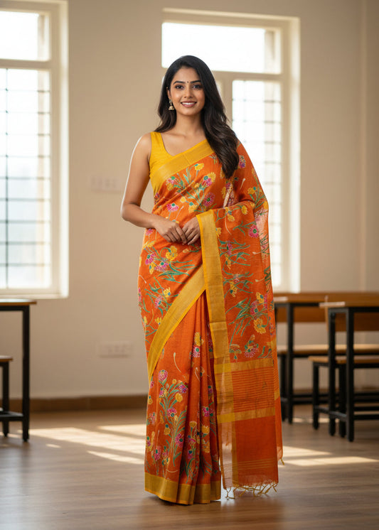 Orange fabric with floral patterns on a textured surface with pink flowers.