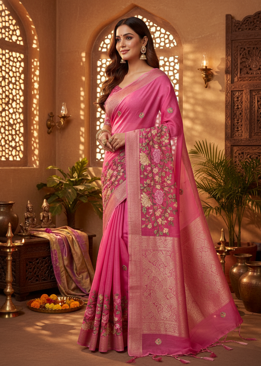 Woman in a pink saree with floral patterns in an ornate room.