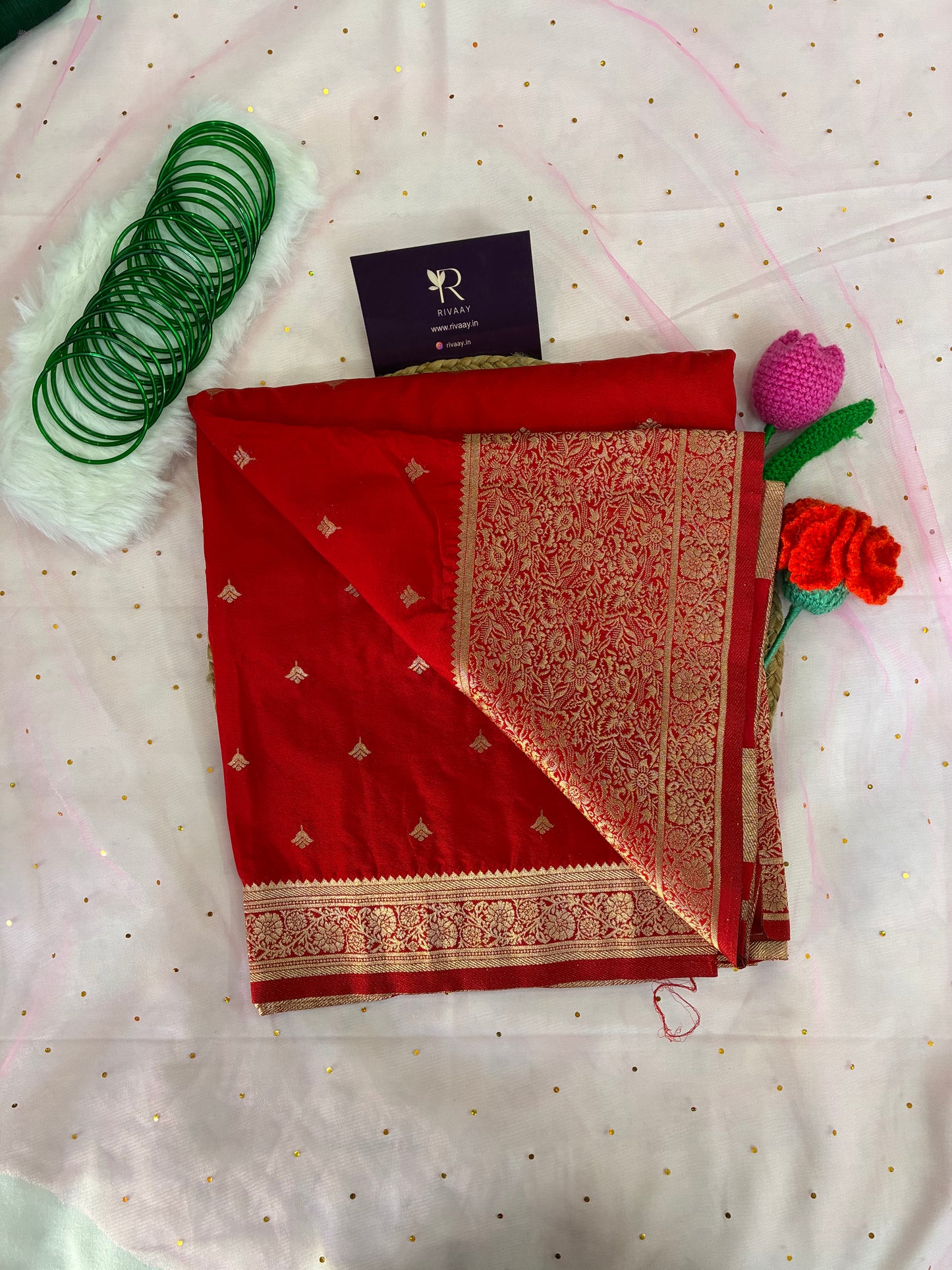 Red Butti Festive Chinon Saree