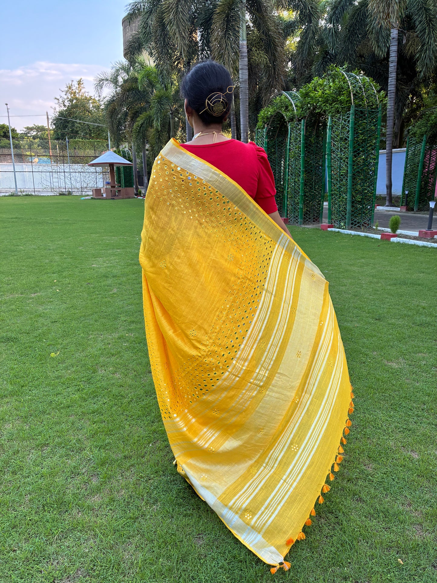 Yellow Work Pure Linen Saree